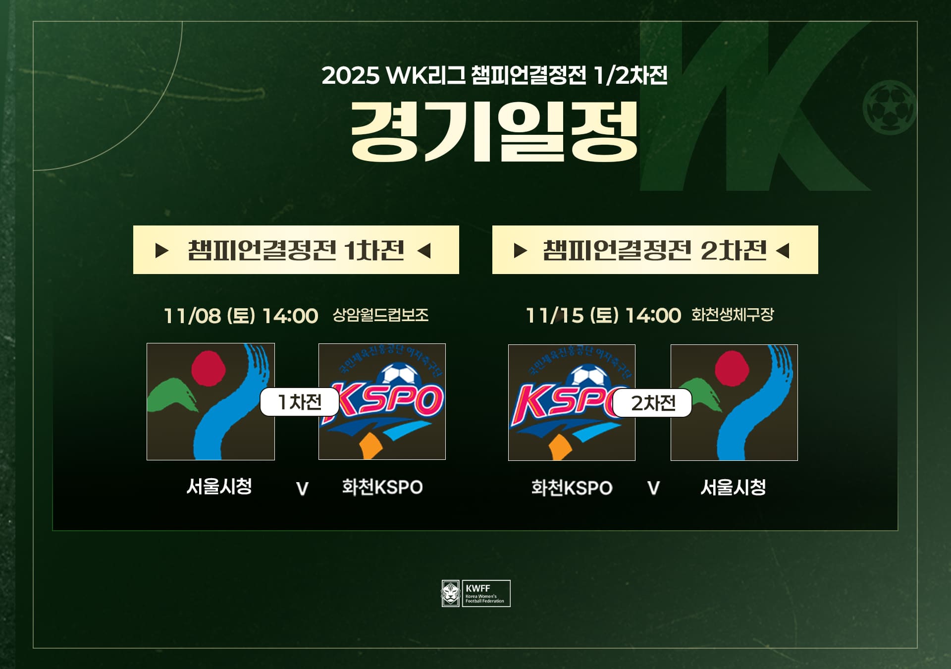여자축구 왕좌를 향한 마지막 승부,  화천 KSPO 여자축구단 vs 서울시청, 2025 WK리그 챔피언결정전 1차전 격돌